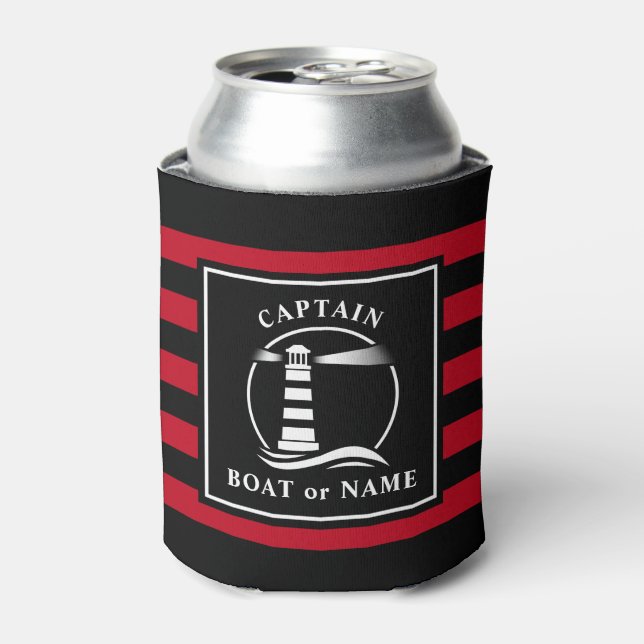 Classic Lighthouse Captain or Boat Name Red Can Cooler (Can Front)