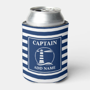 Classic Lighthouse Captain or Boat Name Striped Can Cooler