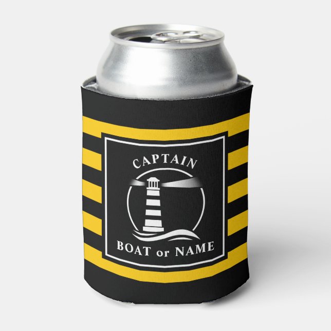 Classic Lighthouse Captain or Boat Name Yellow Can Cooler (Can Front)