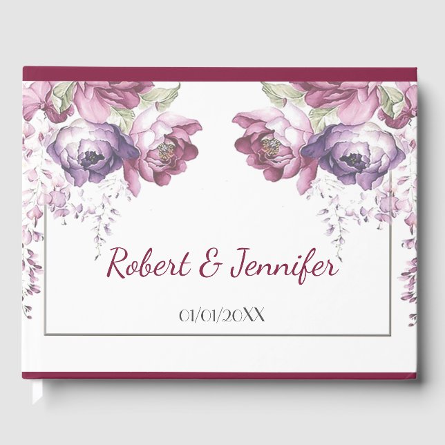 Classic lilac and pink wedding floral guest book (Front)