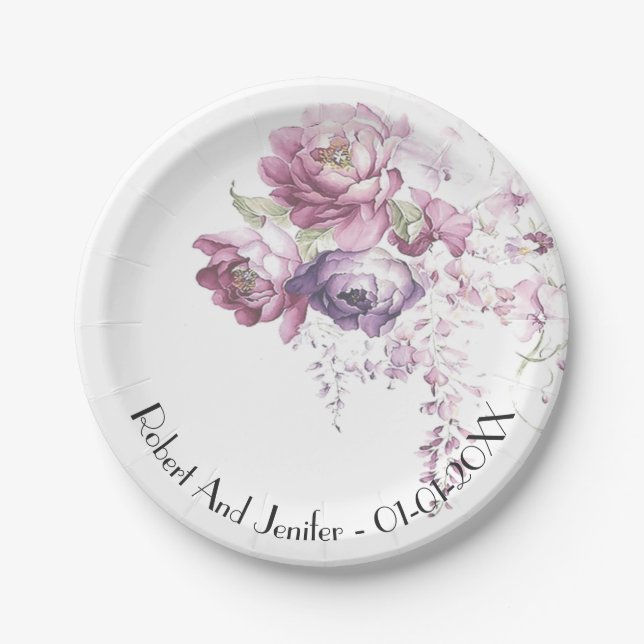 Classic lilac and pink wedding floral paper plate (Front)