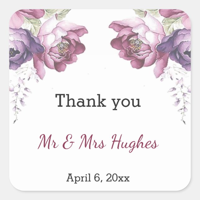 Classic lilac and pink wedding floral thank you square sticker (Front)