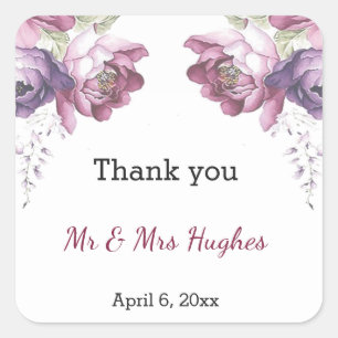 Classic lilac and pink wedding floral thank you square sticker