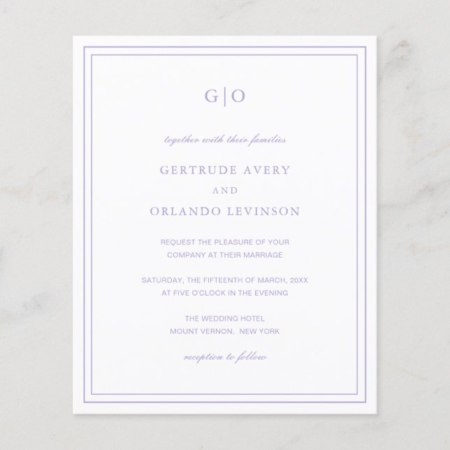 Classic Lilac Elegant Budget Wedding Invitation Flyer (Front)