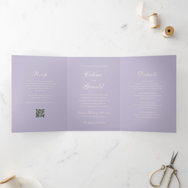 Classic Lilac QR Code Elegant Wedding Tri-Fold Invitation (Inside)