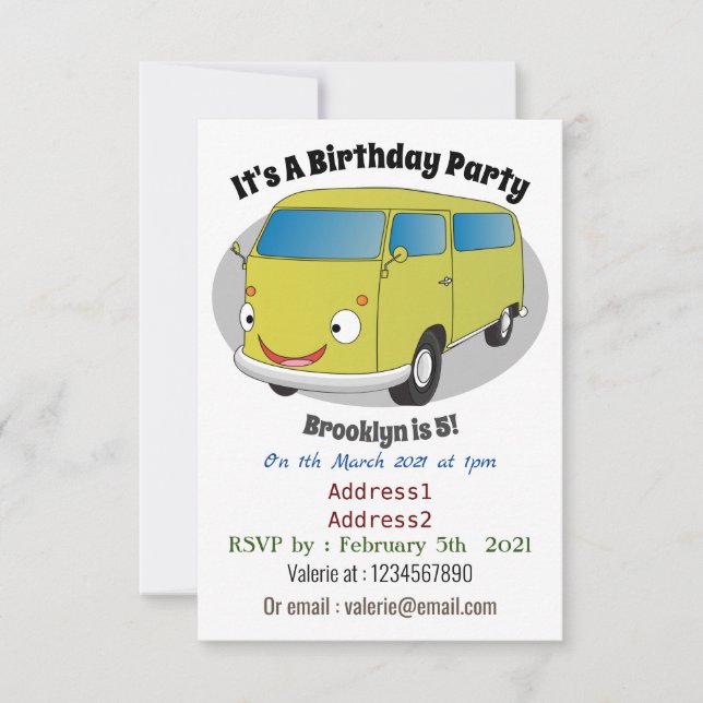 Classic lime green van cartoon invitation (Front)