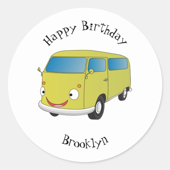 Classic lime green van cartoon round sticker (Front)