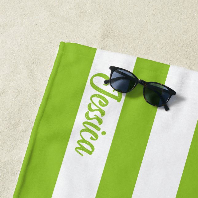 Classic Lime Green White Cabana Strip Personalised Beach Towel (In Situ)