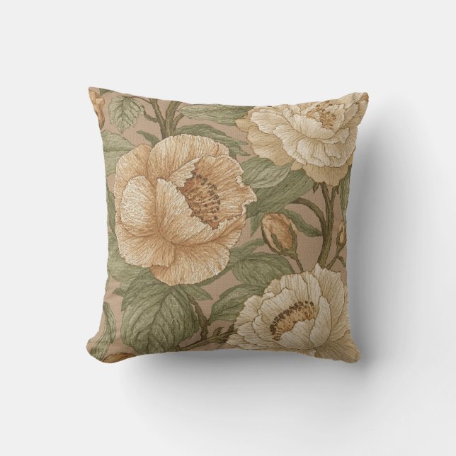 Classic,Lovely Flowers Pattern, Sage Gold Bloom Cushion (Front)