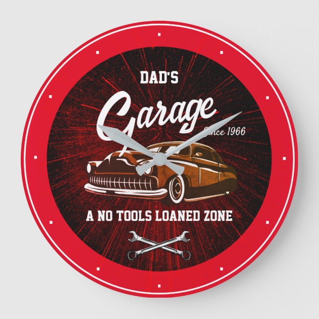 Classic Low Rider Garage Name Red Black and Slogan Large Clock (Front)