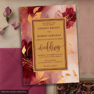 Classic Lux Burgundy Blush Gold Flowers Wedding  Invitation