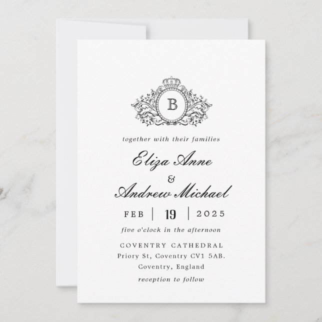 Classic Luxe Black & White Crest Monogram Wedding Invitation (Front)
