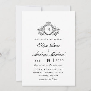 Classic Luxe Black & White Crest Monogram Wedding Invitation