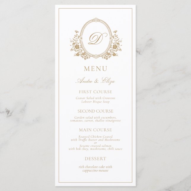 Classic Luxe Crest Monogram Wedding Menu (Front)