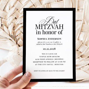Classic Luxe Elegant Black and White Bat Mitzvah Invitation
