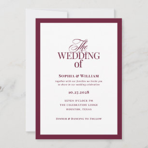 Classic Luxe Elegant White and Burgundy Wedding Invitation