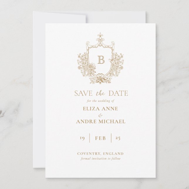 Classic Luxe Gold and White Monogram Save The Date (Front)