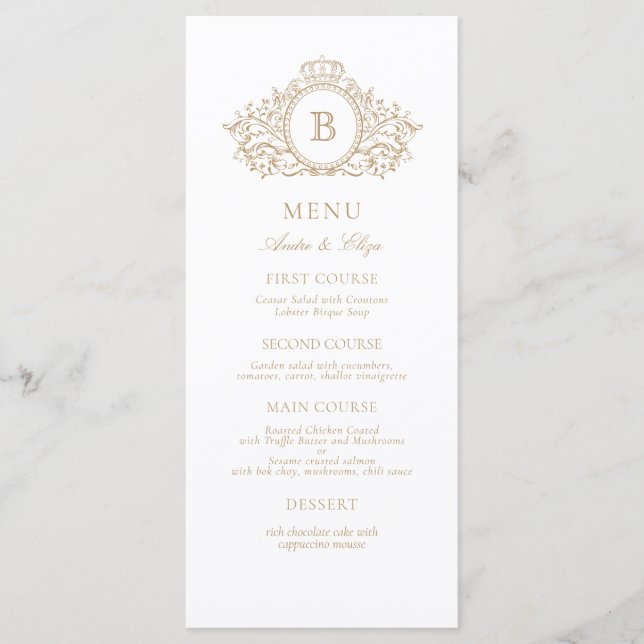 Classic Luxe Gold and White Monogram Wedding Menu (Front)