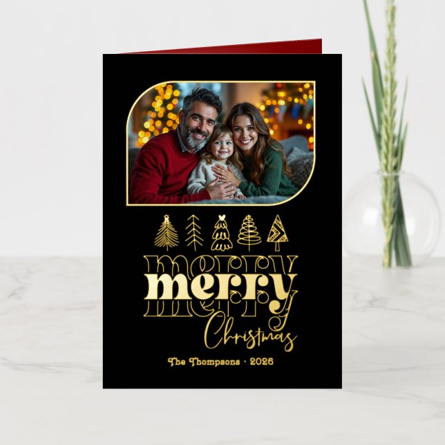 Classic Luxe Hand Drawn Merry Christmas Photo Foil Holiday Card (Front)