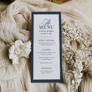 Classic Luxe Navy Blue and White Border Wedding Menu
