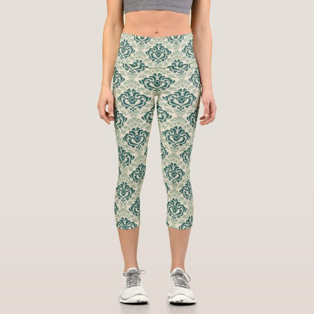 Classic Luxury Ornamental Damask Floral Pattern Capri Leggings (Front)