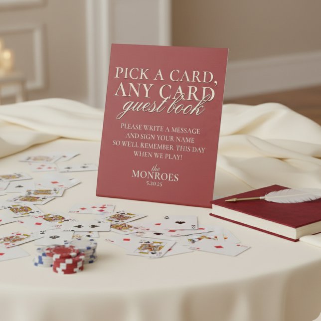 Classic Luxury Red Green Playing Card Guest Book Pedestal Sign (Add a creative twist to your guestbook with this Old Money Bold Red Playing Card Guest Book Sign!)