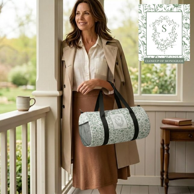 Classic Luxury Sage French Toile Monogram Crest Duffle Bag (Creator Uploaded)