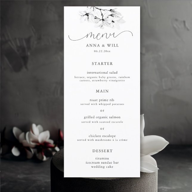 Classic Magnolia Black White Floral Modern Wedding Menu (Magnolia Wedding Menu Elegant Floral Modern Classic Black and White Bohemian)