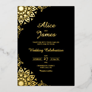 Classic Mandala Black Gold Foil Wedding Invitation
