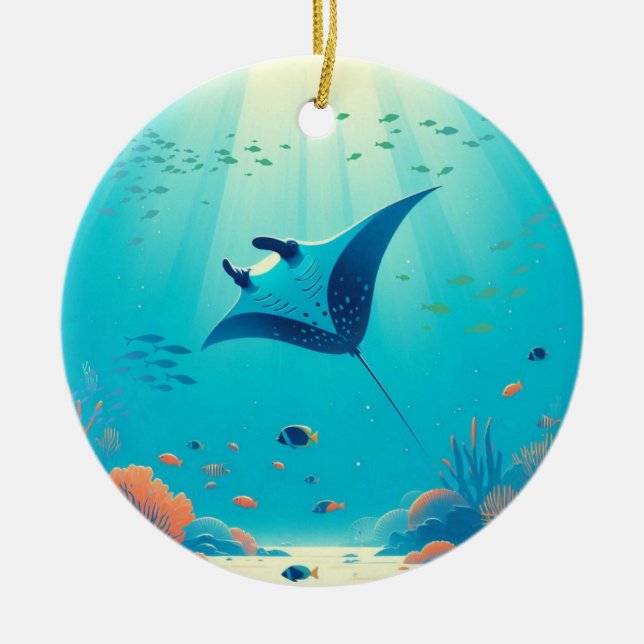 Classic, manta ray coastal art ceramic tree decoration (Front)
