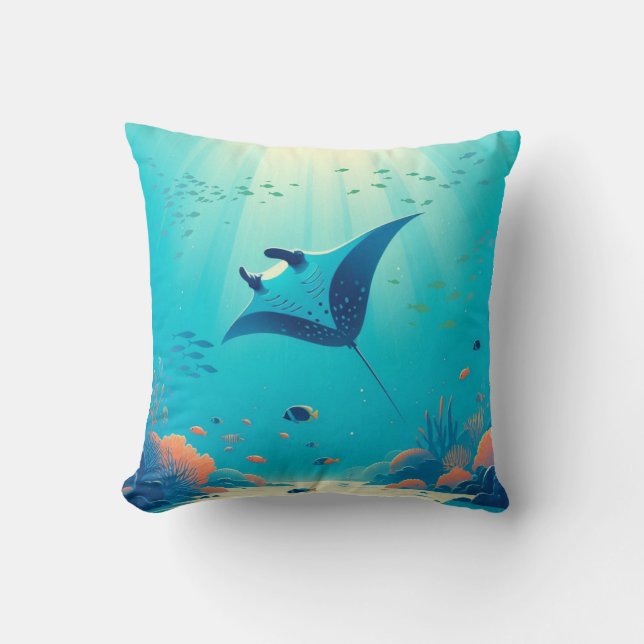 Classic, manta ray coastal art cushion (Front)