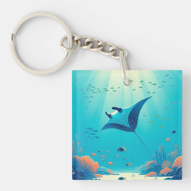 Classic, manta ray coastal art key ring (Front)