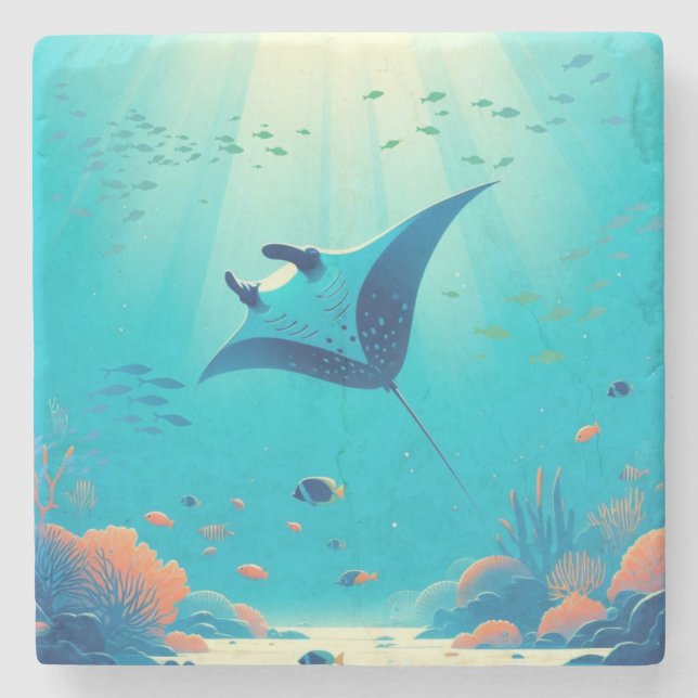 Classic, manta ray coastal art stone coaster (Front)