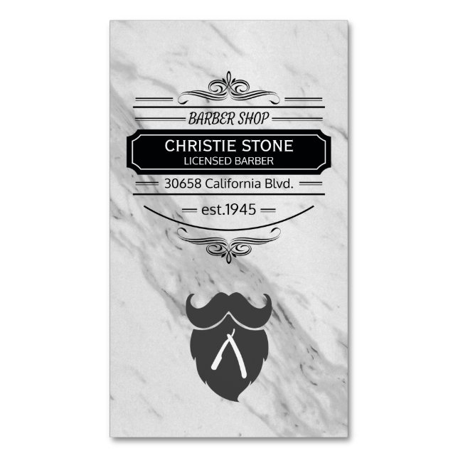 Classic Marble Retro Label Barber Blade and Beard Magnetic Business Card (Front Vertical)