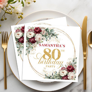 Classic Maroon Floral Gold 80th Birthday Napkins