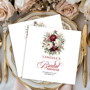 Classic Maroon Floral Gold Bridal Shower Napkins