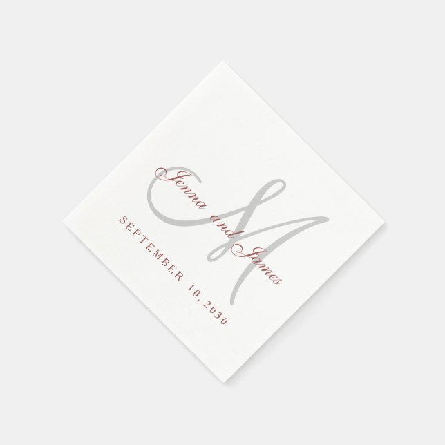 Classic Marsala White Grey Monogram Paper Napkins (Corner)