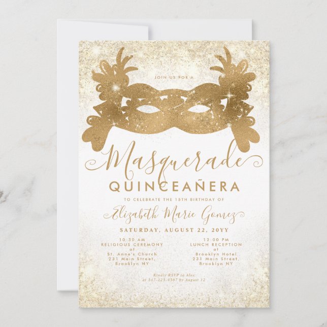 Classic Masquerade Mask Gold Glitter Quinceanera Invitation (Front)