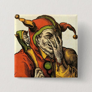 Classic mediaeval Joker, Jester or Fool. Vintage. 15 Cm Square Badge
