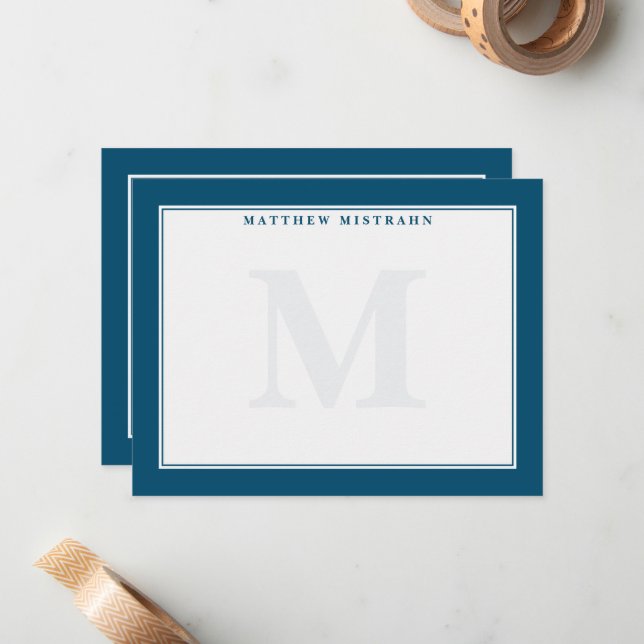 Classic Men's Monogram Dark Blue Stationery Card (Front/Back In Situ)
