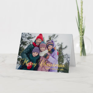 Classic Merry Christmas Calligraphy Family Photo Foil Greeting Card