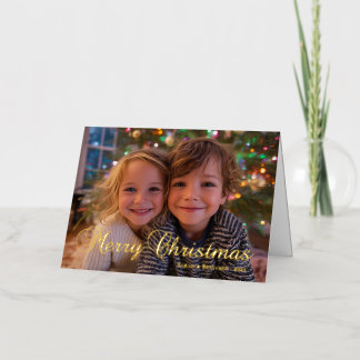 Classic Merry Christmas Calligraphy Family Photo Foil Greeting Card