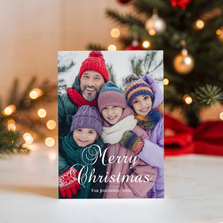 Classic Merry Christmas Calligraphy Family Photo Holiday Card