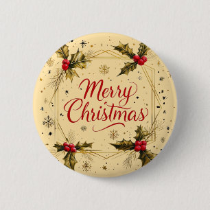 Classic Merry Christmas Card with Holly Design 6 Cm Round Badge