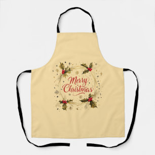 Classic Merry Christmas Card with Holly Design Apron