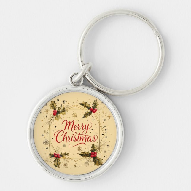 Classic Merry Christmas Card with Holly Design Key Ring (Front)