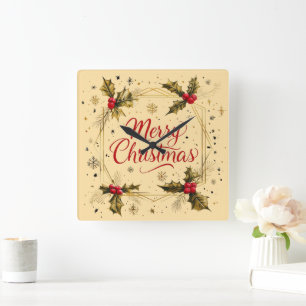 Classic Merry Christmas Card with Holly Design Square Wall Clock