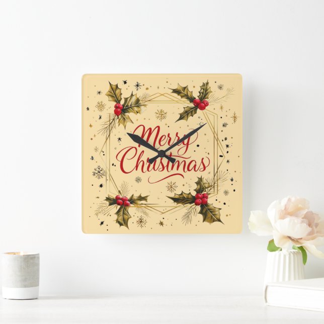 Classic Merry Christmas Card with Holly Design Square Wall Clock (Home)