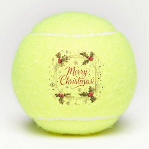 Classic Merry Christmas Card with Holly Design Tennis Balls