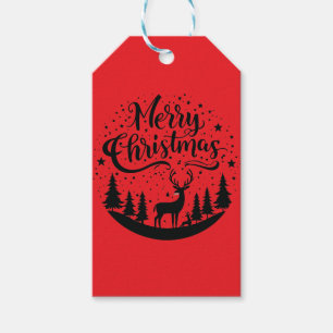 Classic Merry Christmas Deer and Tree Design Art Gift Tags